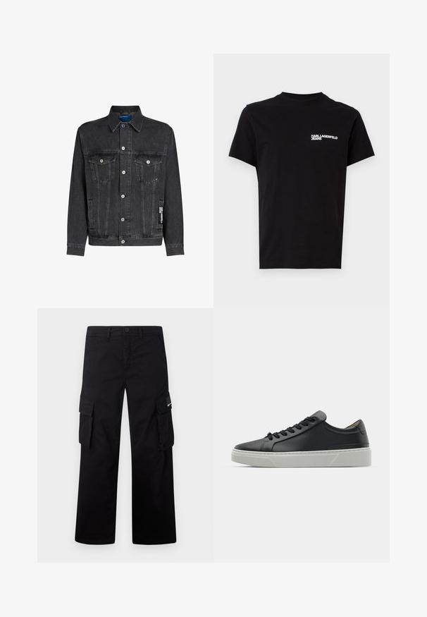 Crna traper jakna s klasičnim ovratnikom, dva prednja džepa, srebrenim dugmadi za zatvaranje i oznakom brenda na lijevoj rukavu.; Crna majica od pamuka, s okruglim izrezom i kratkim rukavima. Istaknuti bijeli logo na lijevoj strani prsnog dijela. Jednostavan dizajn.; Crne cargo hlače napravljene od izdržljivog materijala, s ravnim krojem, bočnim džepovima i kopčanjem na gumb.; Crne kožne tenisice s glatkom teksturom, okruglim vrhom i crnim čipkastim vezicama. Imaju debeo bijeli gumeni potplat s suptilnim geometrijskim naglascima.