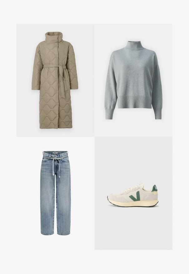 Long taupe quilted coat with high collar and matching fabric belt tied at the waist, featuring wave-pattern stitching throughout.; Light grey knit sweater with a high ribbed collar, relaxed fit, extended sleeves, and ribbed hem. Soft texture and minimalistic design.; Light blue denim jeans with a high waist, relaxed fit, and tie belt detail. Features classic five-pocket design and straight legs.; Beige sneaker with green logo detail, mesh and suede materials, rounded toe, flat sole, and contrasting heel tab.