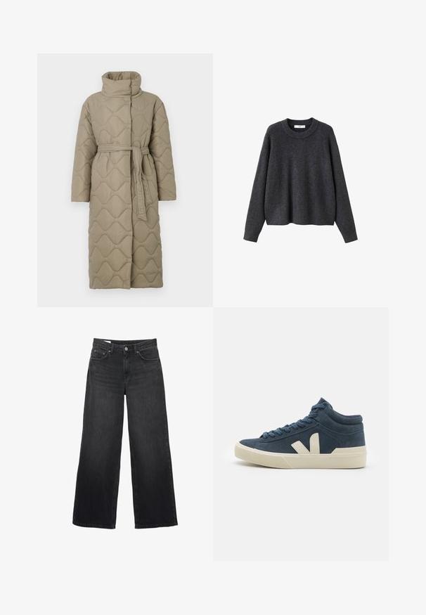 Long taupe quilted coat with high collar and matching fabric belt tied at the waist, featuring wave-pattern stitching throughout.; Dark gray knitted sweater with a round neckline, long sleeves, and ribbed hem. The fabric appears soft and textured, with a relaxed fit.; Black wide-leg jeans made of denim. Features a classic five-pocket design, a straight silhouette, and a front button closure.; High-top sneakers made of navy suede with cream accents. Features a textured sole and flat laces, showcasing a minimalistic design.