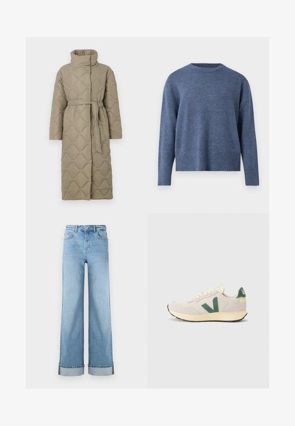 Long taupe quilted coat with high collar and matching fabric belt tied at the waist, featuring wave-pattern stitching throughout.; Blue knit sweater with a ribbed neckline and hem. Features long sleeves and a relaxed fit, made from soft fabric.; Light blue wide-leg jeans in classic denim with a high waist, featuring rolled hems and visible stitching.; Beige sneaker with green logo detail, mesh and suede materials, rounded toe, flat sole, and contrasting heel tab.