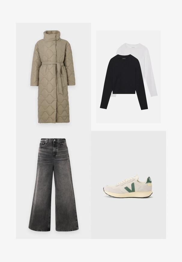 Abrigo largo en tono topo, acolchado, con cuello alto y cinturón de tela a juego atado en la cintura, que presenta un diseño de costura en patrón de olas en toda su superficie.; Dos camisetas de manga larga: una negra y una blanca. Ambas cuentan con un cuello redondo, mangas raglán y una suave mezcla de algodón.; Jeans de mezclilla negros de pierna ancha con un lavado deslavado, diseño de cinco bolsillos y cierre de botón en la cintura, con acentos cosidos.; Zapatilla beige con detalle del logo verde, materiales de malla y ante, puntera redondeada, suela plana y tira del talón en contraste.