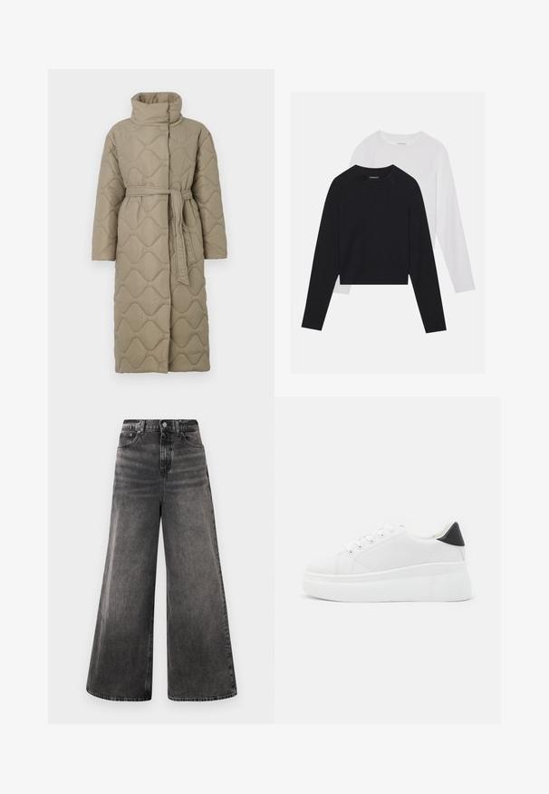 Langer taubefarbener gesteppter Mantel mit hohem Kragen und passendem Stoffgürtel, der in der Taille gebunden ist, mit Wellenmuster-Steppung. ; Zwei langärmelige Hemden: eines schwarz und eines weiß. Beide haben einen Rundhals, Raglanärmel und bestehen aus einem weichen Baumwollmischgewebe.; Schwarze Jeans im weit geschnittenen Stil aus Denim mit einer ausgebleichten Waschung, Fünf-Taschen-Design und einem Knopfverschluss am Bund, ausgestattet mit gestickten Akzenten.; Weiße Plateausneaker aus glattem Kunstmaterial, mit runder Zehenform, Schnürdesign und einer strukturierten Gummisohle. Schwarzer Fersenakzent.