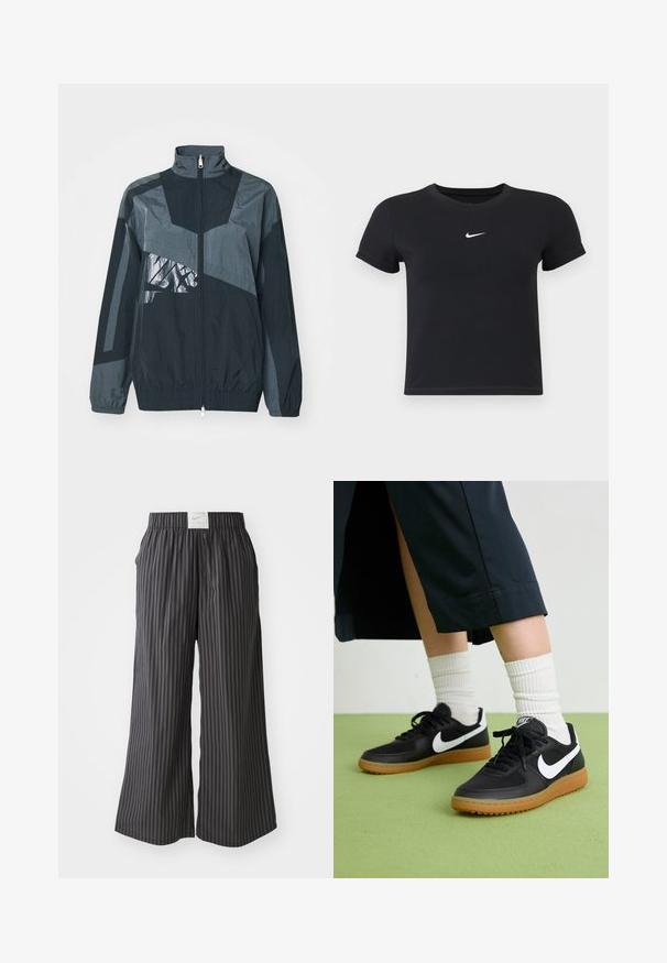 Casaco corta-vento preto e cinza com gola alta, fecho éclair à frente e punhos elásticos. Apresenta padrões geométricos e um detalhe gráfico brilhante.; T-shirt preta de manga curta feita de algodão, com decote redondo. Apresenta um logótipo branco da Nike no peito, design minimalista e corte ajustado.; Calças largas às riscas pretas e cinzas com um cós elástico e uma etiqueta do logótipo Nike na parte de trás. Tecido leve, design de ajuste solto.; Sapatilhas pretas em couro e sintético com o logo da Nike em branco, sola de borracha tipo goma, bico redondo e atacadores pretos. Meias brancas com frunces visíveis.