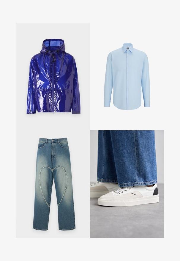 Purpurowa, błyszcząca kurtka przeciwdeszczowa z kapturem. Posiada przedni zamek błyskawiczny, regulowany sznurek oraz teksturowane, lśniące wykończenie.; Jasnoniebieska, długosleeve koszula z gładkiego materiału, z zapięciem na guziki, wywijanym kołnierzykiem i regularnym krojem.; Niebieskie dżinsy z sercem w postaci przetarcia z przodu, prosty krój nogawki i lekko wyblakłe wykończenie.; Białe i czarne sneakersy z gładką skórzaną cholewką, teksturowanymi akcentami oraz masywną białą podeszwą. Posiadają klasyczny system sznurowania.