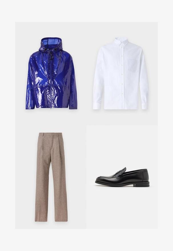 Purpurinė, blizgi lietaus striukė su kapišonu. Yra priekinis užtrauktukas, reguliuojamas raištis ir tekstūruota, blizgi apdaila.; Balta ilga rankovė mygtukų marškiniai, pagaminti iš medvilnės, su krūtine kišene ir toniniu siuvinėjimu, apykakle ir mygtukų apvadu.; Rudos, aukšto liemens kelnes, pagamintas iš tekstūruotos medžiagos. Plati kojos, dvi priekinės klostės struktūrai. Tvarkingas apdailos darbai, be matomų detalių.; Juodos odinės loafers, turinčios lygų paviršių, apvalią noselę ir dekoratyvinę juostą per priekinę dalį. Žemas krentantis kulnas, minimalistinis dizainas.