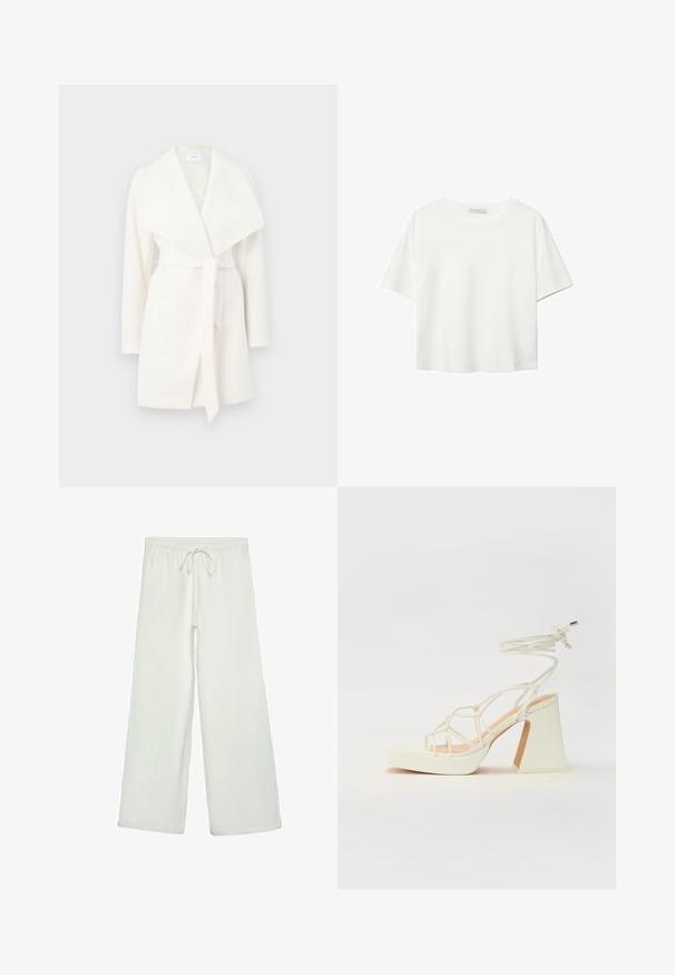 Bela dolgimi rokavi ovita jakna s širokim ovratnikom in pasom; izdelana iz mehke tkanine z gladko teksturo in čistimi linijami.; Bela kratka majica s kratkimi rokavi iz bombaža. Ima okroglo izrezovanje in sproščen kroj. Gladka tekstura brez vidnih vzorcev ali poudarkov.; Bele široke hlače iz mehkega blaga. Imajo elastičen pas s vrvico in gladko teksturo. Brez vidnih vzorcev ali kovinskih delov.; Bela sandala na visokih petah s debelim petam, ki ima obliko trakcev in vezanje okoli gležnja. Gladka tekstura z platformo spredaj za dodatno višino.