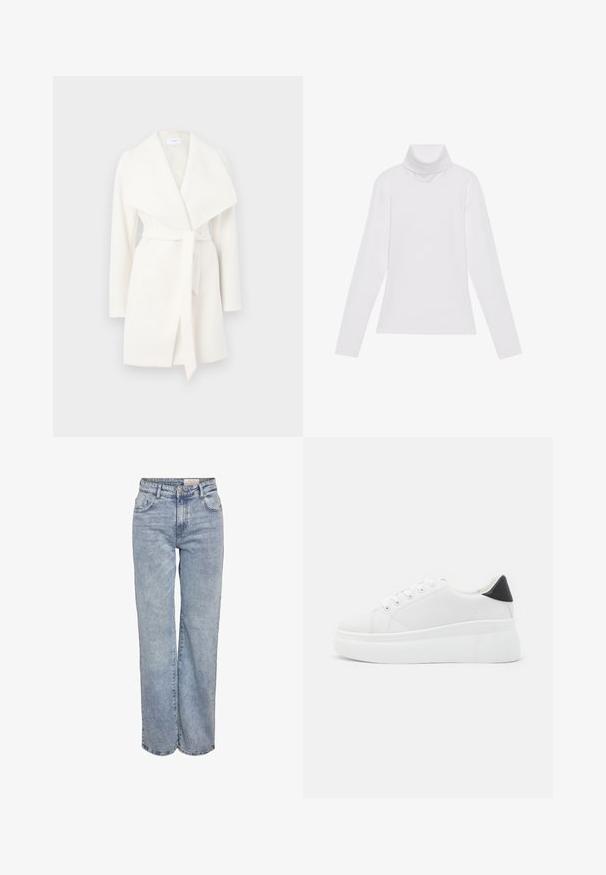Valge pika varrukaga mähkiv jakk, millel on lai krae ja sidumisrihm; valmistatud pehmest kangast, millel on sile tekstuur ja selged jooned.; Valge pikkade varrukate turtleneck-särk, mis on valmistatud siledast ja venivast kangast. Omab kõrget kraed ja keha lähedast lõiget, ilma nähtavate mustrite või kaunistusteta.; Heledad sinine laia jalaeest, valmistatud denimist, kõrge vöökohaga, viie tasku disainiga ja kerge tuhmumisega, mis annab kulunud välimuse.; Valged platvormsneakerid, mis on valmistatud siledast sünteetilisest materjalist, ovaalse toe, paelkinnise disaini ja tekstuurse kummitaldiga. Must kontsrihm.