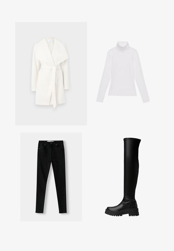 Cappotto avvolgente bianco a maniche lunghe con ampio colletto e cintura; realizzato in tessuto morbido con una texture liscia e linee pulite.; Maglia a maniche lunghe bianca a collo alto realizzata in tessuto morbido ed elastico. Presenta un colletto alto e un design aderente, senza motivi o decorazioni visibili.; Jeans slim fit neri realizzati in denim, con un classico design a cinque tasche, zip frontale e chiusura con bottone in metallo. Texture liscia in tutto.; Stivali neri al ginocchio realizzati in pelle sintetica liscia, con suola spessa e dettagli sui pannelli laterali, e cuciture lungo il bordo superiore.