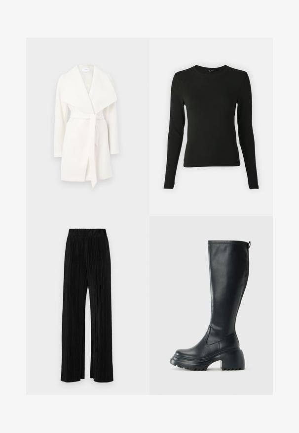 Palton alb cu mâneci lungi, cu închidere în față și guler generos, prevăzut cu un curea tip fundă; realizat dintr-un material moale, cu o textură netedă și linii curate.; Cămașă neagră cu mânecă lungă, realizată dintr-un material neted, având un guler rotund și o croială ajustată, fără modele sau accente vizibile.; Pantaloni negri plisati cu talie elastică. Prezintă picioare largi și un material neted, texturat, cu dungi verticale.; Cizme lungi din piele neagră cu talpă platformă masivă și tocul pătrat, având un tab de tragere și un model texturat pe talpa exterioară.