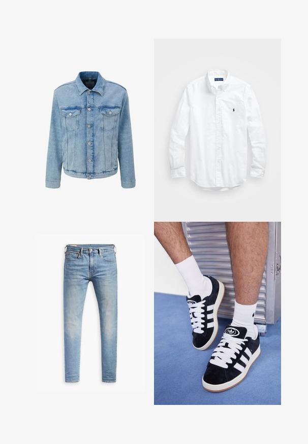 Lichtblauwe denimjack met een klassiek ontwerp, voorzien van twee borstzakken, zilveren knopen en zichtbare naaddetails.; Witte lange mouwen overhemd van katoen. Voorzien van een klassiek kraag, knopenmanchetten en een klein marineblauw geborduurd logo op de borst.; Zwarte oversized T-shirt met donkergrijze tekst "ALLSAINTS" over de borst en "LONDEN" in kleinere letters eronder.; Lichtblauwe slim-fit jeans met een lichte vervaging op de dijen, knoopsluiting aan de voorkant, riemlussen en vijf-pocket styling op een witte achtergrond.; Zwarte suède sneakers met witte veters en drie witte strepen. Heeft een cirkelvormig zwart logo op de tong en een gumrubberen zool.