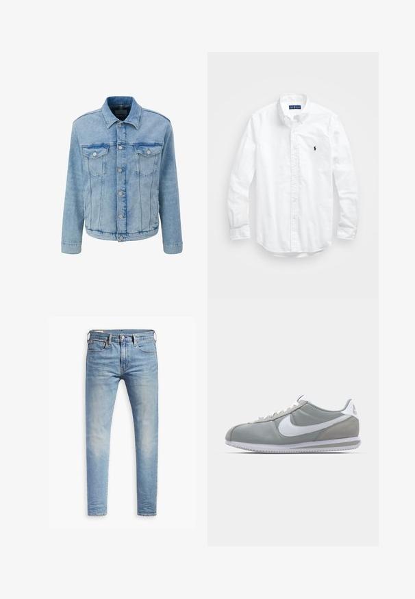 Hellblaues Denim-Jacket mit klassischem Design, ausgestattet mit zwei Brusttaschen, silbernen Knöpfen und sichtbaren Nähdetails.; Weißes Langarm-Hemd aus Baumwolle mit Knopfleiste. Es zeichnet sich durch einen klassischen Kragen, Knopfmanschetten und ein kleines, navyblaues gesticktes Logo auf der Brust aus.; Hellblaue Slim-Fit-Jeans mit leichtem Verblassen an den Oberschenkeln, vorderem Knopfverschluss, Gürtelschlaufen und Fünf-Taschen-Stil auf einem weißen Hintergrund.; Graue Sportausstattung mit einem Obermaterial aus Wildleder und Textil, weißem Nike-Swoosh und weißen Schnürsenkeln. Verfügt über eine strukturierte Gummisohle und einen gepolsterten Kragen.