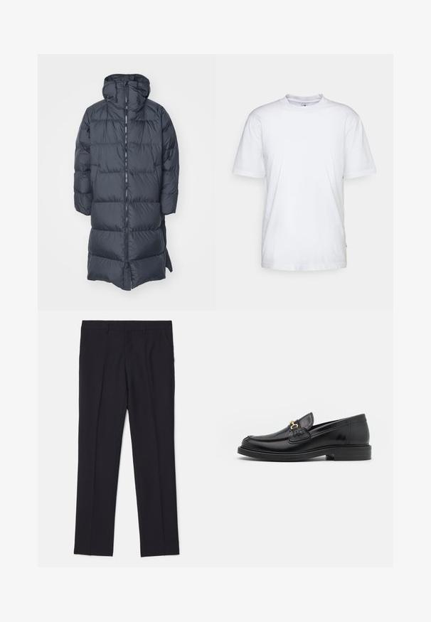 J.LINDEBERG ANDERSON - Dūnu mētelis - black; Balta kokvilnas T-kreklu ar apaļu kaklu, īsām piedurknēm un taisnu apakšmalu. Iekļauta neliela zīmola birka kreisajā sānu vīlē.; Melnas piegrieztas bikses, izgatavotas no gludas auduma, ar divām sānu kabatām, taisnu kāju dizainu un bez redzamām rakstu vai akcentu detaļām.; Melnas ādas loafers ar noapaļotu degunu, ar zelta aparatūras akcentu un šuvju detaļām, uz zemas, teksturētas gumijas zoles.