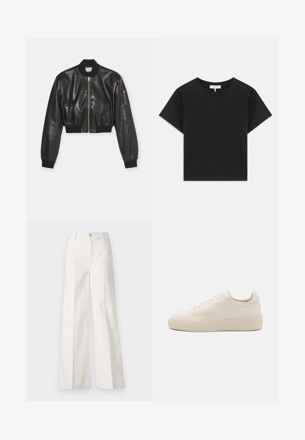 Fête Impériale PLATON JACKET - Kunstnahast jakk - black; Must must, mis mustest valmistatud T-särk, millel on ümar kaelus, lühikesed varrukad ja lihtne disain ilma mustrite või kaunistusteta.; Valged laiade jalgadega püksid, mis on valmistatud siledast puuvillast. Omab esitallist ning lukuga sulgemist ja nelja tasku disaini.; Valge nahast treener ümaratotsaga, ühetooniliste paeltega ja paksu platvormiga tallaosaga. Minimalistlik disain sileda tekstuuriga ja ilma nähtava brändimiseta.