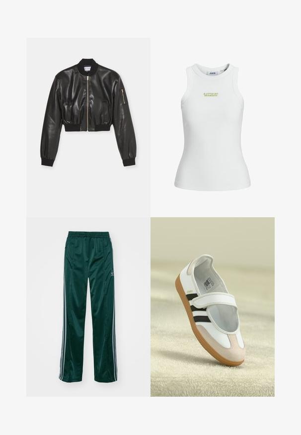 Fête Impériale PLATON JACKET - Bunda z umělé kůže - black; Bílý žebrovaný tílko s přiléhavým střihem, s zeleným vyšitým textem "MALOU TROCHU DRAMATICKÉ" na přední straně.; Tmavě zelené sportovní kalhoty vyrobené z lesklého materiálu, s bočními pruhy ve světle šedé barvě a vyšitým logem na levé noze.; Bílé boty se špičkou z růžového semiše, černými pruhy a suchým zipem. Mají hnědou gumovou podrážku a logo po straně.