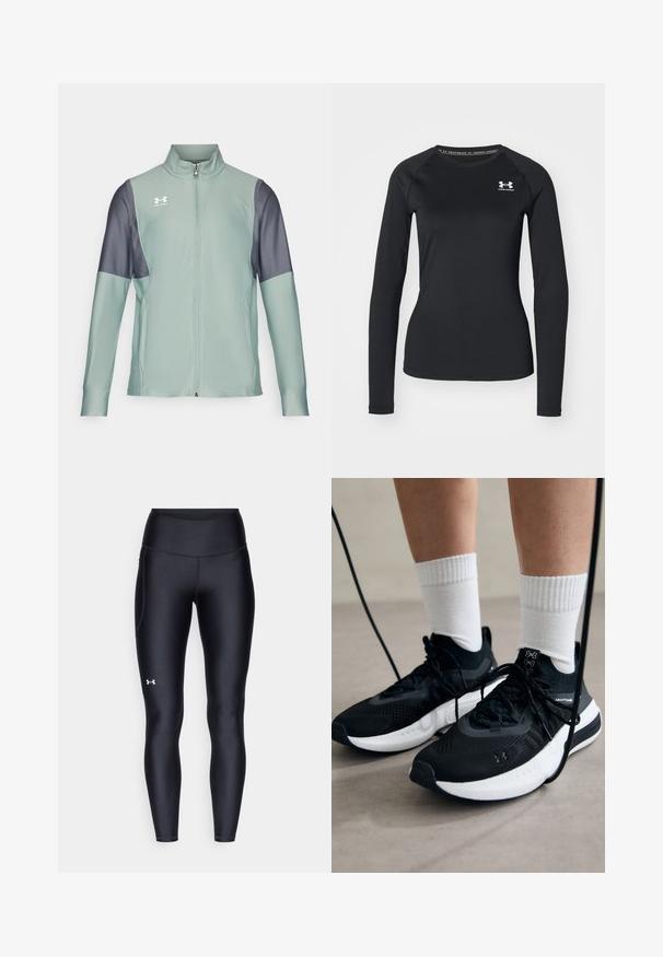 Svetlozelena zip-jakna z temno sivo rokavi, gladka tekstura in stranska žepa. Ima logotip Under Armour na prsih.; Črna dolga športna majica s splošno teksturo, ki ima okroglo izrezovanje in majhen bel znak na levem prsnem delu.; Črne pajkice iz gladkega, elastičnega materiala z visokim pasom. Imajo bel logotip na levem stegnu in oprijet kroj.; Črne športne čevlje z strukturirano tkanino, belo podplatom in črnimi vezalkami. Nosi se z belimi rebrastimi nogavicami, stoje na svetli površini.