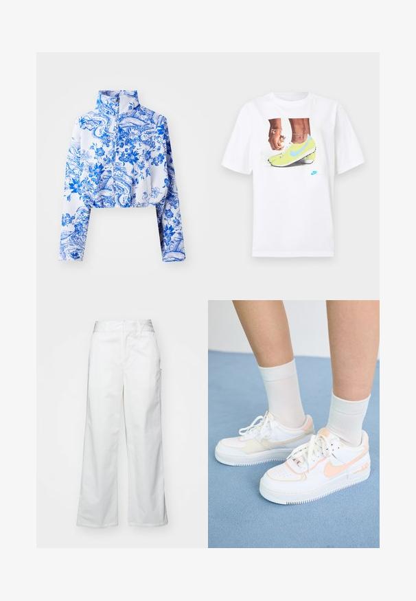 Sagriezta jaka baltā krāsā ar ziliem ziedu un ainavu rakstiem, ar augstu apkakli, pilnu priekšējo rāvējslēdzēju un teksturētu audumu.; Balts kokvilnas T-krekls ar grafiku, kurā attēloti zili akcentēti dzelteni Nike zābaki un kreisajā rokā valkāta rokassprādze.; Balti platie kājas bikses no kokvilnas, ar gludu tekstūru, taisnu piegriezumu, priekšējām kabatām un tīru apakšmalu.; Baltas brīvlaika apavi ar persiku akcentiem, gluda ādas virsma, perforēts purngals, strukturēta zole un šnūrītes. Valkāti ar baltām augstām zeķēm uz zilas virsmas.