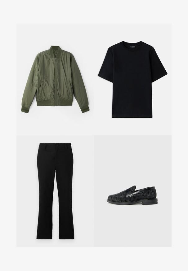 Λαδί bomber jacket κατασκευασμένο από ελαφρύ ύφασμα, με μπροστινό φερμουάρ, ριμπ κολάρο και μανίκια, και δύο πλαϊνές τσέπες.; Μαύρο βαμβακερό μπλουζάκι με στρογγυλή λαιμόκοψη και κοντά μανίκια. Διαθέτει διακριτική κεντημένη λογότυπο στο αριστερό στήθος. Λείο, απαλό υφή.; Μαύρο παντελόνι με καμπάνα φτιαγμένο από ύφασμα με μείγμα βαμβακιού, με κλείσιμο με κουμπί, θηλιές ζώνης και λεία υφή χωρίς ορατά σχέδια.; Μαύρο πλεκτό παπούτσι slip-on με λείο δερμάτινο στοιχείο στο άνω μέρος, στρογγυλή μύτη και χαμηλό καουτσούκ πάτο.