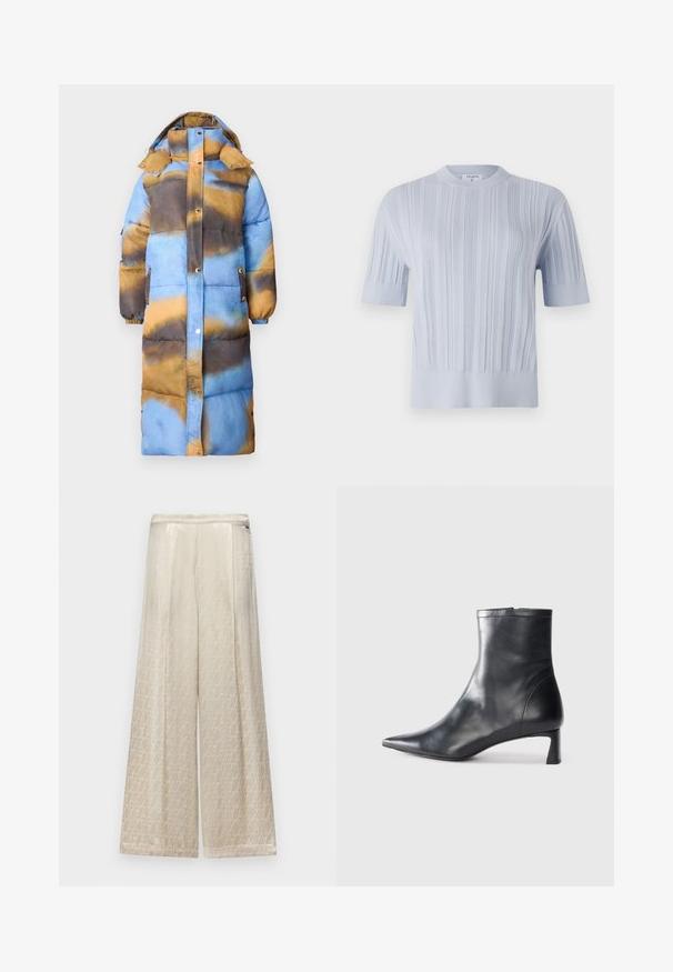 Pārsūdzēts garais mētelis ar abstraktu rakstu zilā, brūnā un zelta krāsā. Aprīkots ar kapuci, uzgaļpogu un sānu kabatām. Mīksta tekstūra.; Gaišzils īsām piedurknēm adīts tops ar vertikālu ribu tekstūru un apaļu kakla izgriezumu. Audumam ir smalki akcenti ar pieguļošu apakšmalu.; Platiem kājām bikses krēmkrāsā, ar smalku ģeometrisku rakstu, strukturētu audumu un gludu jostas apdari.; Melnas ādas potītes zābaki ar norādītu pirkstu un elegantu dizainu. Iezīmē zemu papēdi un rāvējslēdzēja aizdari aizmugurē. Gluda tekstūra.