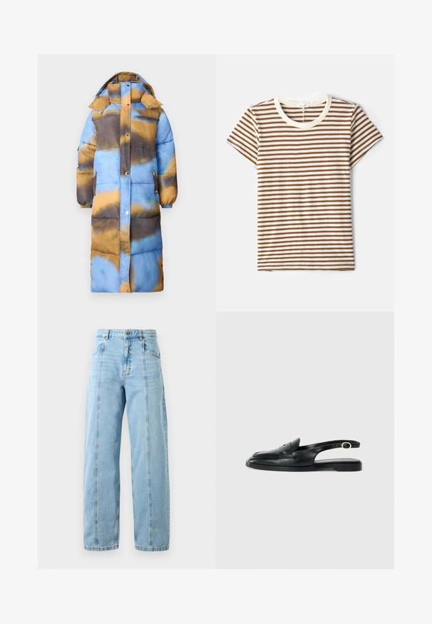 Vadderad långrock med ett abstrakt mönster i blått, brunt och guld. Utrustad med huva, tryckknappar och sidofickor. Mjuk textur.; Randig t-shirt med bruna och vita horisontella ränder, korta ärmar och en krämfärgad rund hals i ett mjukt, texturerat tyg.; Ljusblå högmidjade raka jeans med framseams, sidofickor, bälteshällor och metallknappstängning.; Svart läder slingback-sko med rund tå, platt sula, sidokut och rem med guldfärgad detaljer.