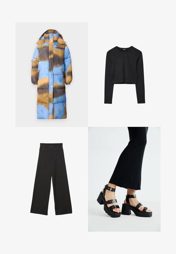 Podložena dolga jakna z abstraktnim vzorcem v modri, rjavi in zlati barvi. Opremljena s kapuco, snap gumbi in stranskimi žepi. Mehak tekstur.; Črna dolgi rokavi prerezana majica s krožnim izrezom, enostaven dizajn in rahlo ukrivljen rob.; Črne široke hlače z visokim elastičnim pasom, izdelane iz mehke tkanine in ohlapnega kroja, primerne za sproščeno nošenje ali casual priložnosti.; Črne platforme s sandali in debelimi, zarezami ter več naramnicami, ki vključujejo kovinske zaponke in gladko teksturo, podobno usnju.