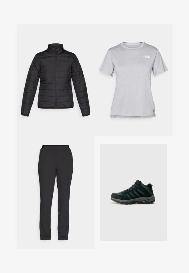 Schwarze Daunenjacke mit hohem Kragen, gestepptem Muster, vorne mit Reißverschluss und Seitentaschen. Leichtgewicht und schlankes Design.; Graues T-Shirt mit kurzen Ärmeln aus weichem, feuchtigkeitsableitendem Stoff. Hat einen Rundhalsausschnitt und ein kleines weißes Logo auf der oberen linken Seite.; Schwarze Outdoor-Hosen aus leichtem Material, mit geradem Bein, Reißverschlusstaschen an den Seiten und einem verstellbaren Bund.; Columbia REDMOND - Hikingschuh - black/citron haze