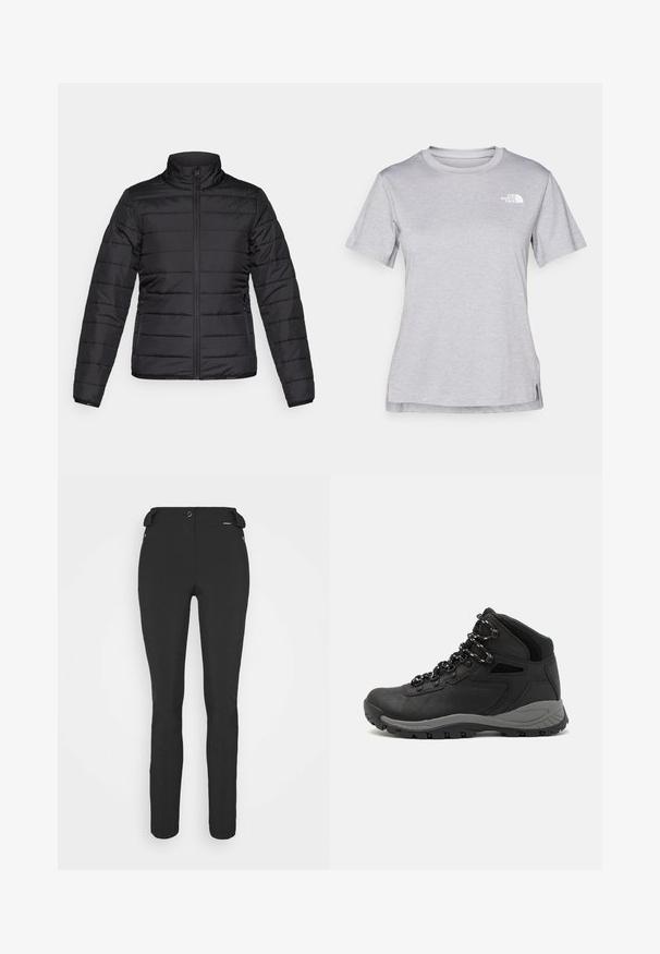 Veste puffer noire avec un col haut, texture matelassée, fermeture éclair à l'avant et poches latérales. Design léger et épuré.; T-shirt gris à manches courtes fabriqué en tissu doux et évacuant l'humidité. Il présente un col rond et un petit logo blanc en haut à gauche.; Pantalons noirs ajustés en matériau flexible. Les caractéristiques comprennent une poche latérale zippée, des genoux articulés et une texture lisse.; Botte de randonnée noire au design mi-haut, avec un dessus texturé, des accents gris et une semelle en caoutchouc durable avec des crampons de traction.