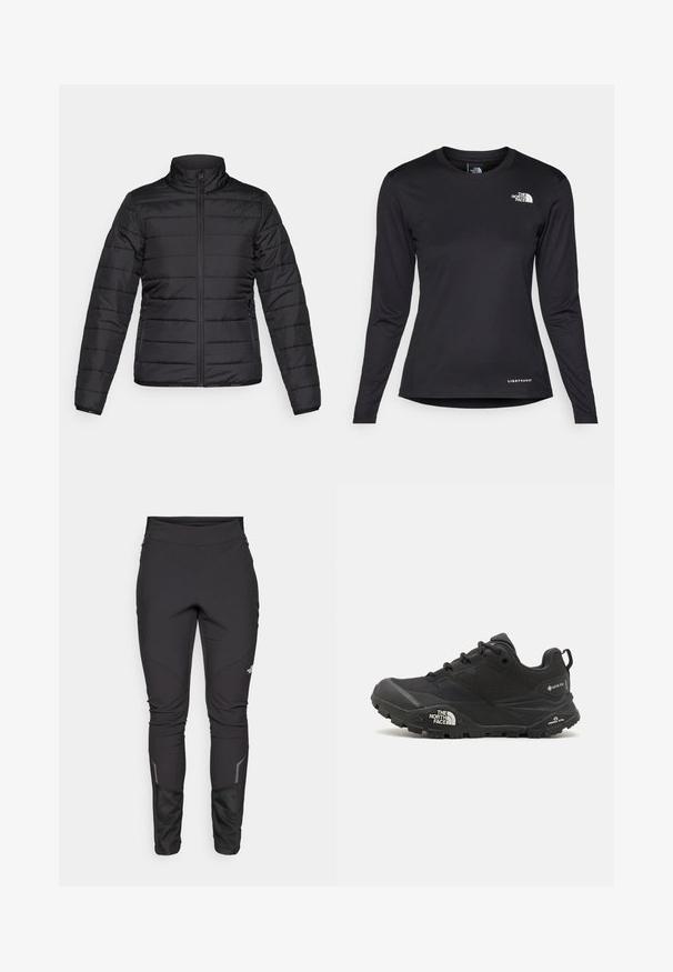 Svart dunjakke med høy krage, quiltet tekstur, glidelås foran og sidelommer. Lettvektig og strømlinjeformet design.; The North Face SHADOW LONG SLEEVE - Topper langermet - black; Svarte utendørsbukser med en tettsittende design, slitesterkt stoff, reflekterende detaljer og panelsting for bedre bevegelse og komfort.; Svart tursko med teksturert overdel, snøring og en kraftig gummisåle som har et fremtredende logo på siden og mønster i sålen.