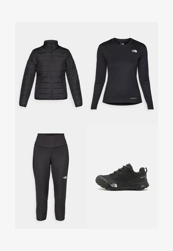 Must schwarze puffjakki kõrge kraega, tepinguga tekstuur, esine tõmblukk ja küljetaskud. Kerge ja voolujooneline disain.; The North Face SHADOW LONG SLEEVE - Pikkade varrukatega topp - black; Mustad mustad capri retuusid on valmistatud elastsetest kangast, millel on kõrge vöökoht ja väike valge logo vasakul küljel. Sile tekstuur.; Mustad matkajalanõud musta värvi, tekstuurse ülemise osa, paeltega kinnituse ja volüümika kummitald, millel on silmapaistev logo külgedel ja mustrimuster.
