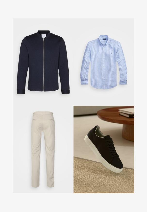 Tumedat meriinode bomber-jakk, millel on eesnemine tõmblukk, ümmargune kaelus ja mansettidega varrukad. Valmistatud siledast kangast, millel on minimalistlik disain.; Sinine ja valge triibuline pikkade varrukatega särk, mis on valmistatud puuvillast, ning millel on nööbitav krae, esi-nööbid ja väikese tikandiga logo rinnal.; Bež püksid siledas tekstuuris, sirge lõikega, kahe nööpidega tagataskuga ja tavalise vöökohaga.; Mustad musta tossuga valge tallaga, mis hõljub beeži tekstuuriga vaiba kohal, ümaral puidust laual, mille peal on kokku virnastatud raamatud.