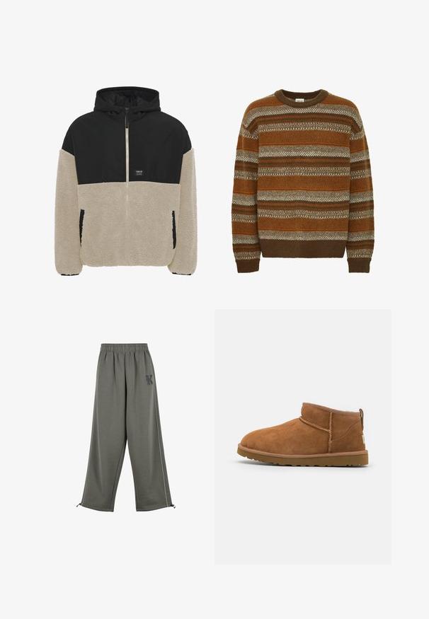 Kapucnis dzseki, amelynek fekete felső része és krémszínű, bolyhos alsó része van, cipzáras záródással és oldalsó zsebekkel; puha tapintás.; Solid SDMAXWELL - Pulóver - slate black; Karl Kani KK OS SIDESTRIPE - Nadrágok - grey; Barna suéd bőrcipő, lekerekített orral, diszkrét varrásokkal és texturált gumitalppal. Rövid magasságú, fűző nélkül.