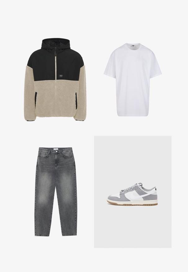 Huppari, jossa on musta yläosa ja vaalean kerman värinen fleece-alusosa, vetoketjukiinnitys ja sivutaskut; pehmeä rakenne.; Valkoinen puuvillainen t-paita, jossa on lyhyet hihat, pyöreä kaula-aukko, rento istuvuus ja ei näkyviä logoja tai kuvioita. Sileä pinta ja minimaalinen muotoilu.; Korkeavyötäröiset, väljät farkut haalistuneesta mustasta denimestä. Ominaisuuksiin kuuluu viisi taskua, vyölenkit ja siisti, suora lahjetyyli.; Harmaa ja valkoinen lenkkari, jossa on mokka- ja nahkapinta, pyöreä kärki, litteät nauhat ja kumipohja, jossa on vaahtomuoviväri.