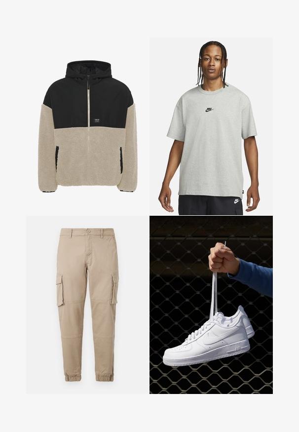 Huppari, jossa on musta yläosa ja vaalean kerman värinen fleece-alusosa, vetoketjukiinnitys ja sivutaskut; pehmeä rakenne.; Nuori henkilö, jolla on letitetyt hiukset, pukeutuneena vaaleanharmaaseen Nike T-paitaan ja mustiin Nike-shorteihin valkoista taustaa vasten.; Beige cargo-housut kevyestä puuvillamateriaaliesta. Omistaa elastiset hihnat, useita sivutaskuja ja nappisuljin.; Valkoiset nahkasneakersit, joissa on rei'ityksiä, pyöreä kärki, tasapohja ja paksut nauhat, joissa on näkyvä swoosh-logo ja "AIR" kantapäässä.