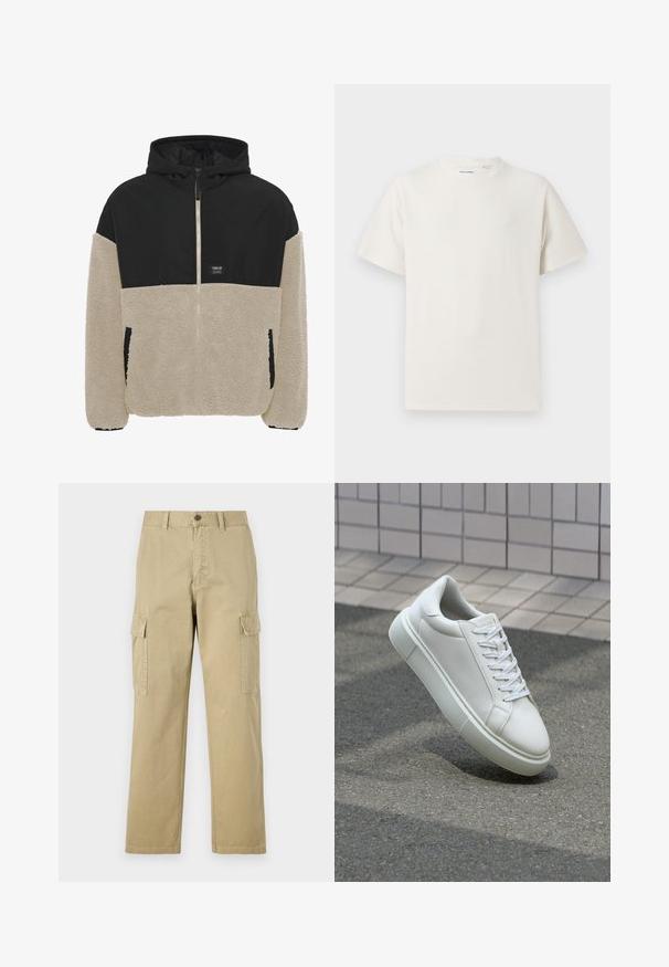 Hooded jacket featuring a black upper section and a cream fleece lower section, with zip closure and side pockets; soft texture.; White short-sleeve T-shirt in a ribbed texture. Round neckline, relaxed fit, no visible patterns or accents. Simple and versatile design.; Beige cargo pants made of cotton, featuring two side pockets, a button closure, and straight legs with a slightly textured fabric.; White leather sneaker with a smooth surface, round toe, and flat white laces. Features a textured rubber sole and minimal design elements.