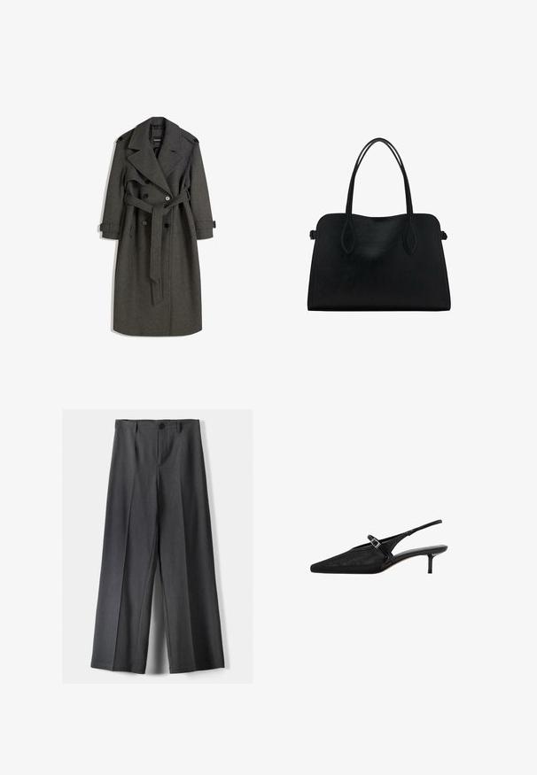 Șapou lung gri din lână, cu un design cu două rânduri de nasturi, rever larg și un brâu asortat. Include nasturi negri și curele ajustabile la manșete.; Pulover negru cu guler înalt, realizat din material tricotat, cu mâneci lungi, guler strâns și tiv ușor scurtat. Textură netedă, culoare uniformă.; Pantaloni evazați din țesătură gri închis, cu închidere cu buton, pliseuri frontale și curea. Textură netedă cu un design ajustat.; Cumpăna negre cu vârf ascuțit, superior din plasă texturată, curea subțire ajustabilă cu cataramă argintie și toc stiletto de 5 cm.; Geantă din piele neagră cu două mânere pentru umăr, formă rectangulară și design minimalistic pe un fundal alb.