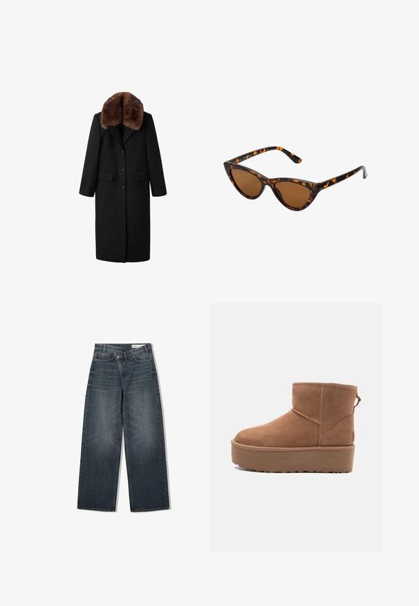 Schwarzer langer Mantel mit einem braunen Fellkragen, einreihiges Design, zwei frontale Taschen und einer glatten Textur. Verfügt über eine taillierte Silhouette.; Beige Halftertop mit drapiertem Vorderteil, das eine geschmeidige Textur und kleine metallische Akzente entlang des Ausschnitts aufweist. Bindebänder auf dem Rücken.; Dunkel waschjeans mit weitem Bein, hoher Taille, fünf Taschen und dezenten Abnutzungen an der Vorderseite.; Beige Wildleder-Ankle-Boot mit Plateausohle, abgerundetem Zehenbereich und abgesteppten Akzenten; verfügt über eine Zuglasche hinten für einfaches An- und Ausziehen.; Katzenaugen-Sonnenbrille mit einem schwarz-orangenen Schildpattrahmen, braunen Gläsern und schlanken, spitzen Enden. Verfügt über ein minimalistisches Logo am Bügel.