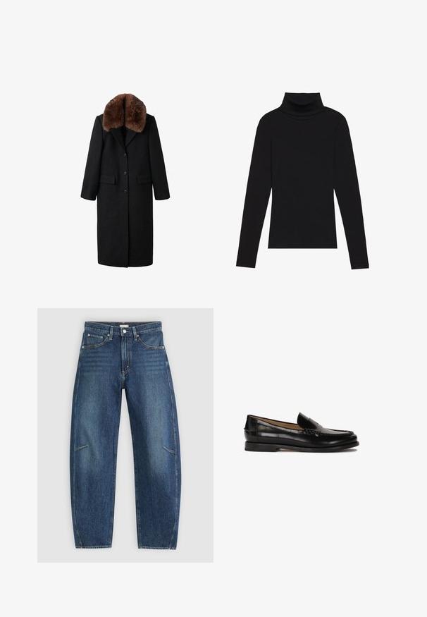 Abrigo negro largo con un cuello de piel marrón, diseño de un solo botón, dos bolsillos frontales y una textura suave. Presenta una silueta ajustada.; Top de manga larga de cuello alto negro, hecho de tela de canalé, presenta un diseño ajustado con un cuello alto y sin patrones ni acentos.; Jeans de mezclilla azul oscuro con un diseño de pierna recta, que cuentan con bolsillos frontales, costuras en contraste y una sutil textura desgastada en las piernas.; Mocasín de cuero negro con puntera redondeada, diseño deslizante y detalles de costura sutiles a lo largo de la parte superior. Suela de goma plana.