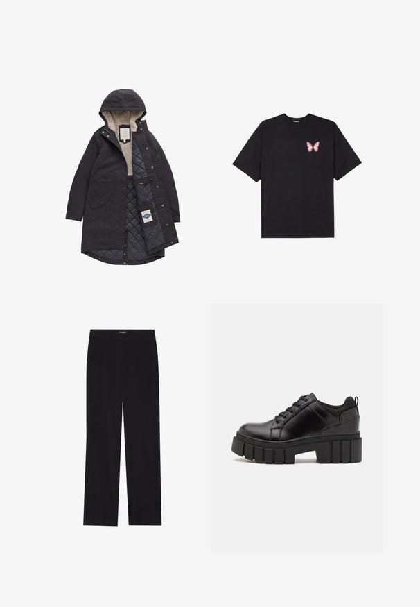 Crna vodonepropusna parka s kapuljačom, sa plišanom bež podstavom, kviltanom tamno sivom podlogom, prednjim džepovima i kopčanjem na dugmad.; Crna pamučna majica s kratkim rukavima, s malim grafičkim prikazom ružičaste vjetricaste s desne strane na prsima. Dizajn s okruglim izrezom i opuštenim krojem.; Crne korduroy hlače ravnog kroja, s ravnim pojasom i bez vidljivih džepova, glatke teksture i detaljima vertikalnih rebrastih uzoraka.; Crne kožne platforme s debelim blok-peta, okruglim prstima i klasičnim dizajnom vezanja. Imaju gladak tekstur i minimalne detalje.