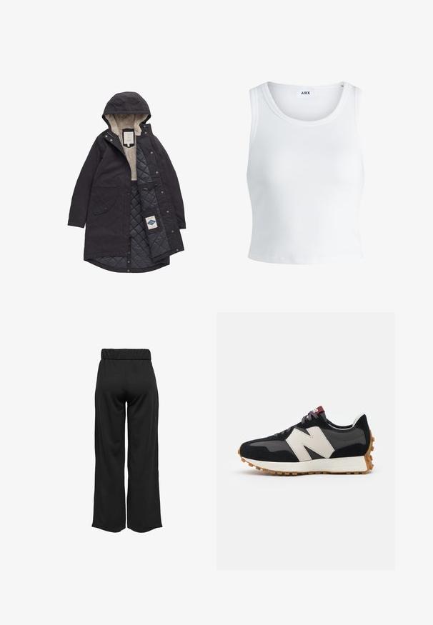 Melna ūdensizturīga parkas jaka ar kapuci, ar mīkstu, bēšas krāsas oderi, quiltētu tumši pelēku oderēšanu, priekšējām kabatām un spiedpogām.; Balts ribots topiņš ar apaļu kakla izgriezumu, bez piedurknēm un īsā garumā. Uz birkas ir rakstīts "JJXX." Gluda auduma tekstūra.; Melnas, platas bikses ar elastīgu jostu, izgatavotas no gludas auduma. Iespējamā tīra dizaina ar bez kabatām un redzamām šuvēm.; Melnas un pelēkas zamšādas sporta kurpes ar lielu krēmkrāsas "N" logotipu, purpura šņorēm un strukturētu gumijas zoli.