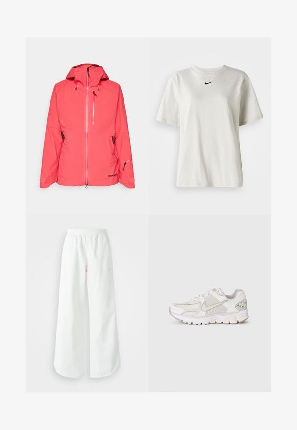 Heledus roosa veekindel jakk kapuutsiga, ees lukuga, lukuga küljetaskud, reguleeritavad mansetid ja logo vasakul all ees.; Valge puuvillane T-särk, millel on ümmargune dekoltee ja lühikesed varrukad. Rinnal on väike must Nike logo. Lihtne ja kaunistusteta disain.; Valged laiad spordipüksid, ribadega vöökoht ja diskreetne logosümbol. Sile kangas, lõdvestatud istuvus ja kitsenev ääreosa.; Valge spordijalats, mis on valmistatud võrkpinnast ja sünteetilistest materjalidest. Omab tekstuurset disaini, pehmendatud kaelaosasid ja geomeetrilisi aktsente kannal.