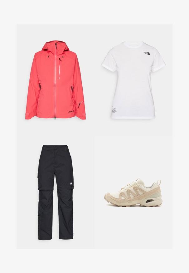 Helles pinke wasserdichte Jacke mit Kapuze, Frontreißverschluss, seitlichen Reißverschlusstaschen, verstellbaren Bündchen und einem Logo auf der unteren linken Vorderseite.; Weißes Baumwoll-T-Shirt mit einem schwarzen Logo auf der linken Brust und einem grauen Grafikdesign unten rechts. Klassischer Rundhalsausschnitt und kurze Ärmel.; Schwarze Nylon-Zip-Off-Cargohosen mit verstellbaren Bündchen, mehreren Taschen und einem Logo am rechten Bein. Glatte, leichte Textur.; Beige und cremefarbenen Sportschuh mit strukturiertem Mesh-Obermaterial, unterstützenden Überzügen und Gummisohle mit einem Profilmuster für Bodenhaftung.