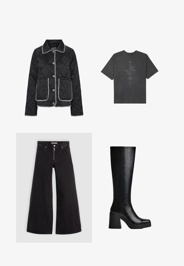 Fekete steppelt dzseki kerek gallérral, gombos elülső részel, két elülső zsebbel és fehér kontrasztos varrással a széleken.; Sötétszürke, nagy méretű pamut póló, középen nap motívummal, aprólékos vonal részletekkel nyomtatva elöl.; Fekete denim széles szárú farmer, cipzáros elejével, öt zsebes kialakítással és diszkrét varrással. Sima textúra és laza stílus.; Fekete, térd fölé érő csizma texturált szintetikus anyagból, négyzetes orral, masszív, magas sarokkal és sima, elegáns felülettel.