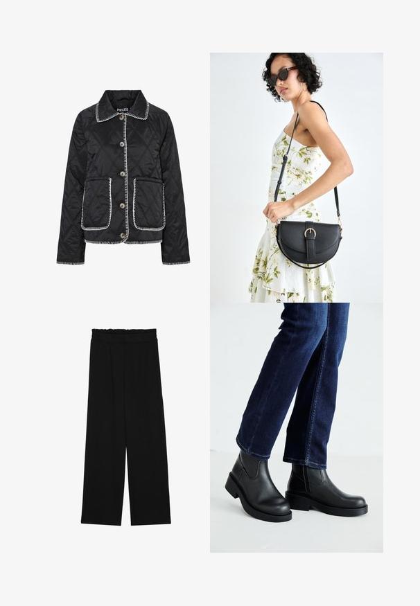 Melnā džinsa jaka ar apaļu apkakli, pogu priekšpusi, divām priekšējām kabatām un baltu kontrastējošu šuvumu gar malu.; Melna kokvilnas T-krekls ar īsām piedurknēm, kuram priekšā kreisajā pusē ir neliels rozā tauriņa grafiskais attēls. Ar apaļu kaklu un brīvā stila piegriezumu.; Melnas platās bikses ar volangām jostasvietā, ar divām sānu kabatām un gludu, vieglu audumu. Nav redzamu rakstu vai aksesuāru.; Melnas ādas potīšu zābaki ar masīvu zoli un sānu elastīgām daļām, kombinēti ar tumši ziliem džinsiem. Zeme ir gaišā krāsā.; Melnas ādas rokassoma ar izliekta formu, noņemamu siksnu un zelta aksesuāriem. Somai ir vāciņš ar sprādzes detaļu.