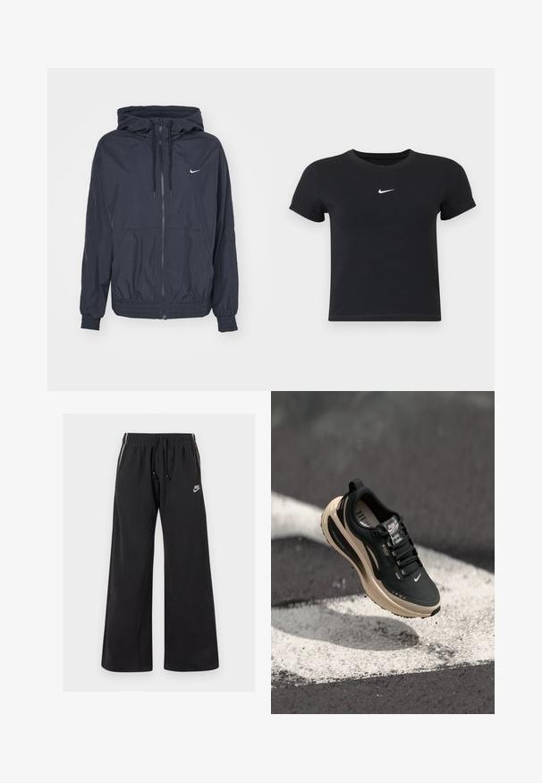 Sorte Nike vindjakke med lynlås foran, snoretræk i hætten, elastiske manchetter og sidelommer, med et diskret logo på brystet.; Sort kortærmet t-shirt lavet af bomuld med rund hals. Har et hvidt Nike-logo på brystet, minimalistisk design og tætsiddende pasform.; Sorte sweatpants lavet af blødt stof, med en elastisk talje og snøre, sidestriber og et lille logo på venstre front.; Sort atletisk sko med en tekstureret overdel, hævet hæl og beige mellemsål. Har snørebånd, logo på siden og en polstret indersål.