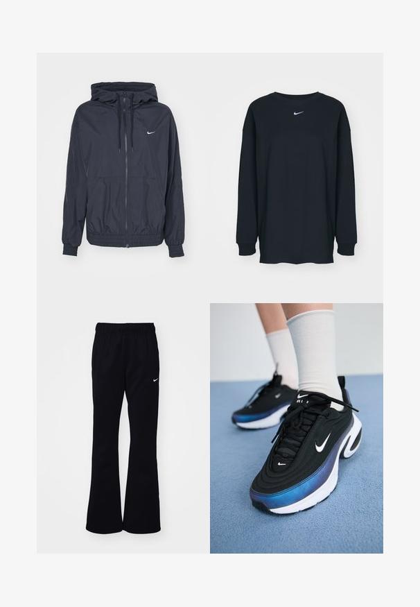 Jachetă Nike neagră, tip windbreaker, cu fermoar în față, glugă cu șnur, manșete elastice și buzunare laterale, având un logo subtil pe piept.; Tricou negru cu mânecă lungă din bumbac, cu guler rotund. Prezintă un logo alb Nike pe piept. Textură moale, design simplu.; Pantaloni de sudură negri cu talie elastică, picioare evazate, două buzunare laterale și un logo alb Nike pe partea stângă.; Adidași negri Nike cu un material superior neted, având un design în gradient de la albastru la negru, talpă albă și accente logo proeminente.