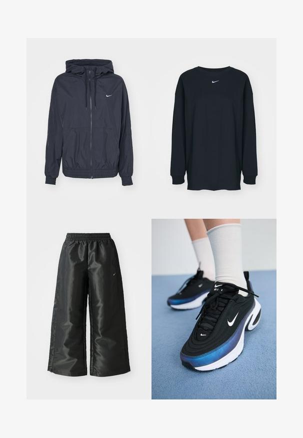 Melns Nike vējdakkis ar rāvējslēdzēja priekšu, regulējamu kapuci, elastīgām aprocēm un sānu kabatām, ar mazu logo uz krūšu daļas.; Melnas garajām piedurknēm T-krekls no kokvilnas ar apaļu kakla izgriezumu. Uz krūtīm ir balts Nike logo. Mīksta tekstūra, vienkāršs dizains.; Melnas sporta bikses ar spīdīgu, gludu audumu, aprīkotas ar elastīgu jostu, platām kājām un mazu logotipu kreisajā pusē.; Melnie Nike sporta apavi ar gludu auduma virsmu, argradienta zilu uz melnu dizainu, balta zole un izteiksmīgi logotipa akcenti.