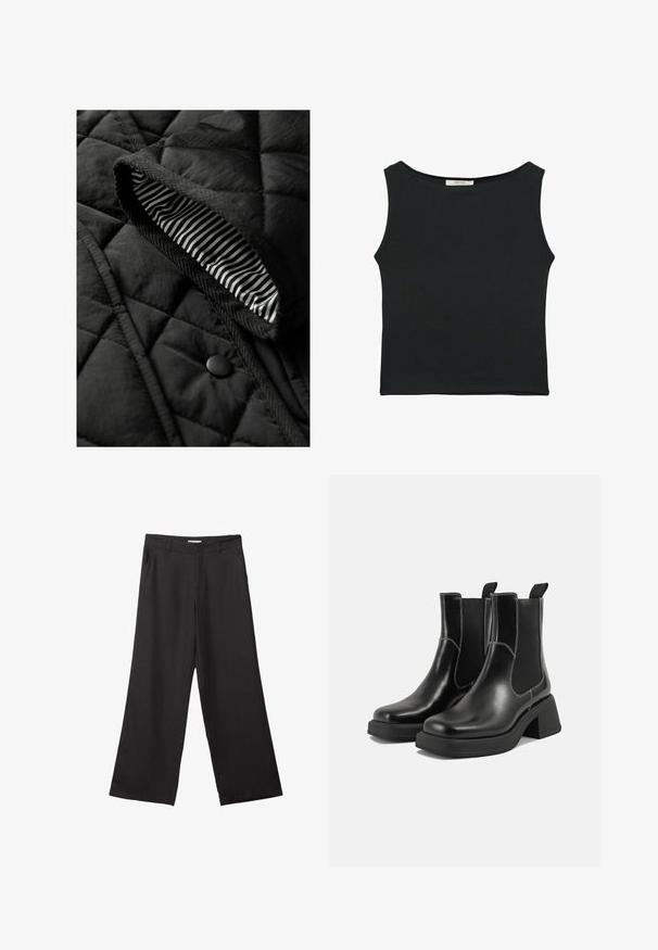 Gilet trapuntato nero con una superficie testurizzata e una fodera interna a righe. Include un bottone rotondo nero e un bordo intrecciato lungo i contorni.; Top senza maniche nero realizzato in tessuto morbido, caratterizzato da un collo arrotondato e un design aderente senza motivi visibili o decorazioni.; Pantaloni neri a gamba larga realizzati in tessuto liscio, con zip frontale e due tasche laterali, dal taglio sartoriale e design minimalista.; Stivali Chelsea in pelle nera con tacco spesso, pannelli elasticizzati sui lati e cuciture bianche a contrasto. Finitura testurizzata.