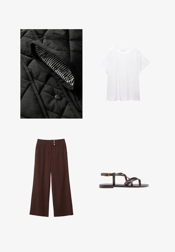 Gilet noir matelassé avec un extérieur texturé et une doublure intérieure rayée. Comprend un bouton noir rond et un bord tressé le long des bords.; T-shirt blanc en tissu doux et léger. Il présente un col rond et des manches courtes et larges avec une coupe décontractée. Aucun motif visible.; Pantalons bouffants marron en tissu lisse, dotés de deux poches latérales et d'une taille avec trois boutons décoratifs.; Sandale en cuir marron avec des brides entrecroisées, une fermeture à boucle à la cheville et une semelle plate avec des détails de couture minimaux.