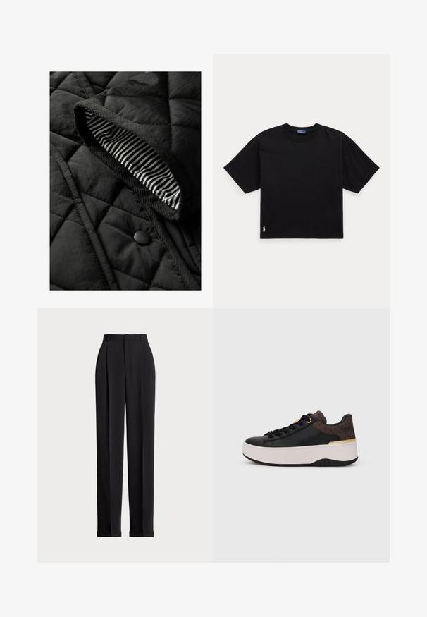 Czarna pikowana kamizelka z fakturowanym zewnętrzem i paskowanym wnętrzem. Zawiera okrągły czarny guzik oraz plecioną lamówkę wzdłuż krawędzi.; Czarny bawełniany t-shirt z krótkim rękawem, okrągłym dekoltem i małym białym logo w lewym dolnym rogu. Klasyczny, prostokątny krój z minimalnymi detalami.; Czarne dopasowane spodnie z wysokim stanem, z kantami z przodu, prostą nogawką i mankietem na dole. Wykonane z gładkiego materiału.; Czarne i brązowe niskie sneakersy z grubą białą podeszwą, złotymi oczkami i akcentem na pięcie oraz wzorzystym brązowym kołnierzem przy pięcie.