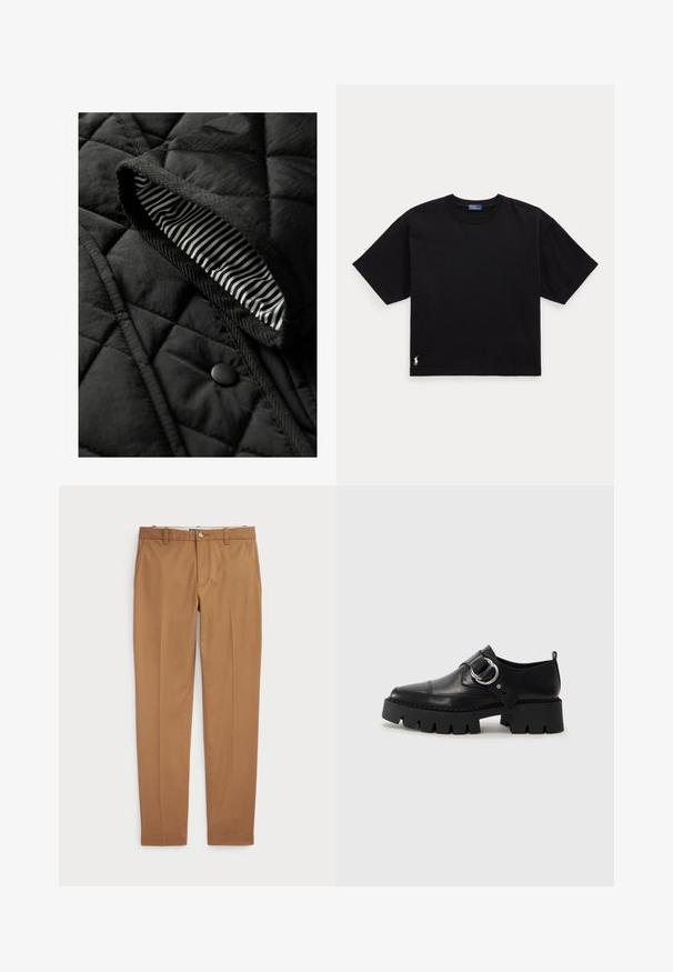 Juodas kaklaskarės liemenė su tekstūruota išore ir dryžuota vidine apdaila. Įeina apvalus juodas mygtukas ir austa apdaila kraštuose.; Juodas medvilnės marškinėliai trumpomis rankovėmis, apvaliu kaklu ir mažu baltu logotipu apatiniame kairiajame kampe. Klasikinis, dėžutės formos siluetas su minimaliu apdailos detalių skaičiumi.; Rudos medvilnės kelnes su siauru siluetu, lygiu priekiu ir standartinėmis kišenėmis; sklandžios tekstūros ir apkarpytais rankogaliais.; Juodos odinės bateliai su masyviu, grioveliuotu padu, su apvaliu sidabro detalės akcentu ir minimaliais siuvimo elementais.