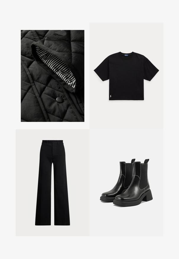 Czarna pikowana kamizelka z fakturowanym zewnętrzem i paskowanym wnętrzem. Zawiera okrągły czarny guzik oraz plecioną lamówkę wzdłuż krawędzi.; Czarny bawełniany t-shirt z krótkim rękawem, okrągłym dekoltem i małym białym logo w lewym dolnym rogu. Klasyczny, prostokątny krój z minimalnymi detalami.; Czarne spodnie o szerokich nogawkach, wykonane z tkaniny tkanej, z wysokim stanem, z przodem zapinanym na guzik i kieszeniami bocznymi. Gładka faktura i czyste linie.; Czarne skórzane botki Chelsea na mocnej podeszwie, z elastycznymi panelami bocznymi i kontrastującym białym ściegiem. Teksturowane wykończenie.